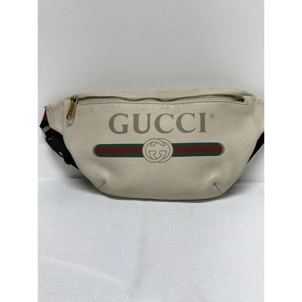 Gucci Logo Belt Bag White Leather Web Stripe Waist Crossbody Fanny Pack COA - Picture 2 of 15